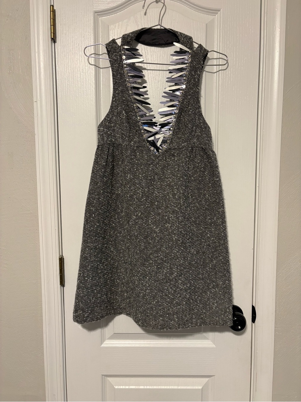 Anna Sui Gray Tweed Sleeveless Deep V Dress with Lattice Back size 1